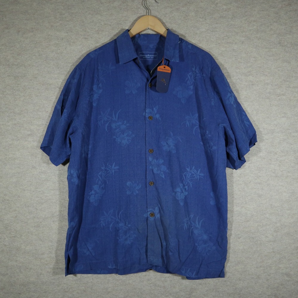 Tommy Bahama Silk Aloha Floral Shirt Mens Large Blue Short Sleeve T311918 NWT